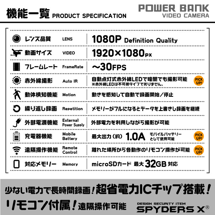 スパイダーズX 充電器型カメラ 防犯カメラ 1080P 省電力ICチップ 長時間録画 赤外線撮影 遠隔操作 スパイカメラ A-617