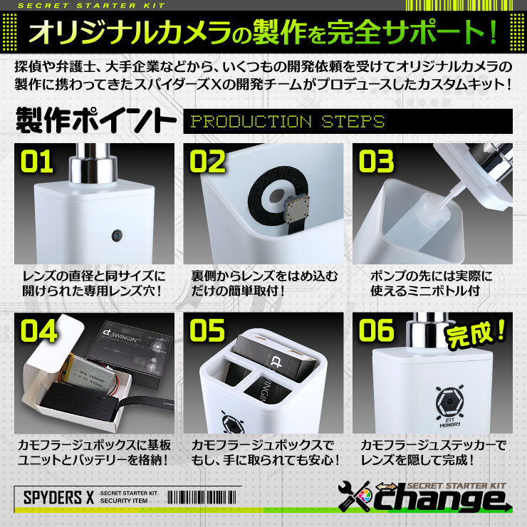 スパイダーズX change 4K 小型カメラ 自作セット ポンプボトル ホワイト 防犯カメラ スパイカメラ CK-001C