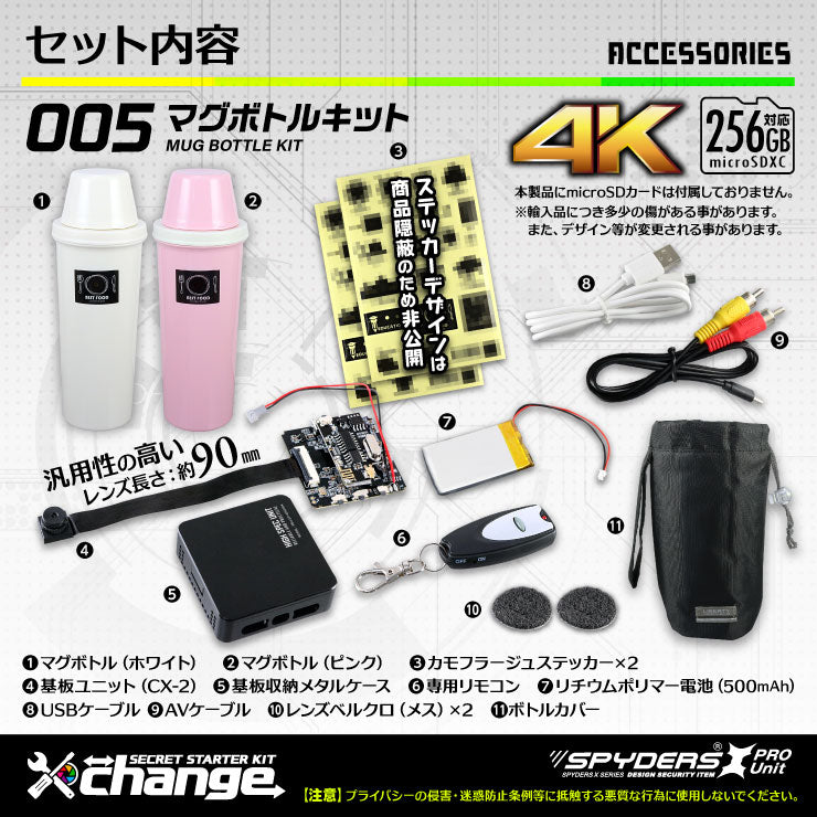 スパイダーズX change 4K 小型カメラ 自作セット マグボトル ピンク&ホワイト 防犯カメラ スパイカメラ CK-005D