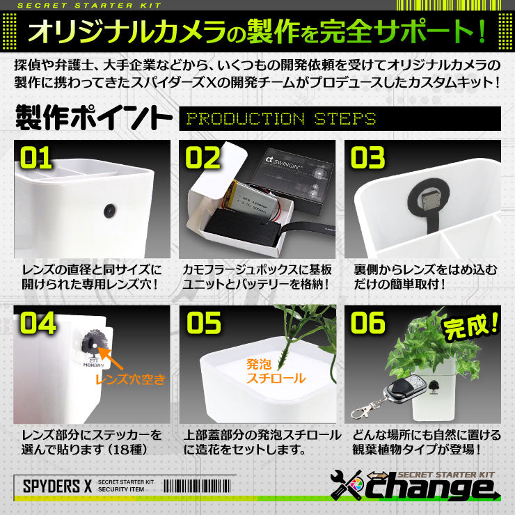 スパイダーズX change 小型カメラ 観葉植物 ホワイト シークレットキット 防犯カメラ 4K スパイカメラ CK-016B