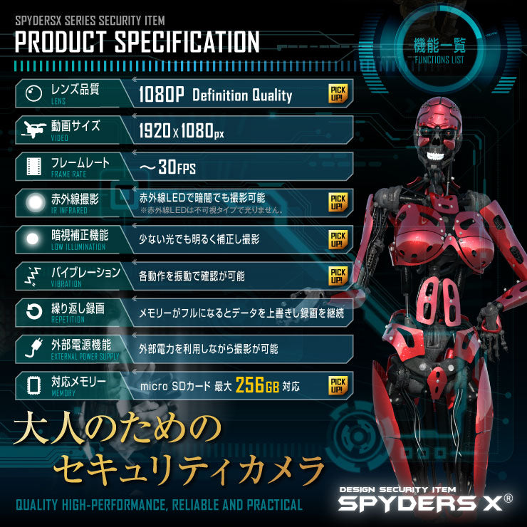 スパイダーズX 小型カメラ ライター型カメラ 1080P 赤外線撮影 暗視補正 256GB対応 スパイカメラ A-550