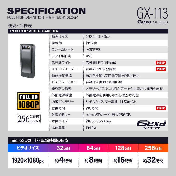 Gexa(ジイエクサ) 小型カメラ クリップ型 ビデオカメラ 防犯カメラ 1080P 回転レンズ 赤外線 ボイスレコーダー 256GB対応 GX-113