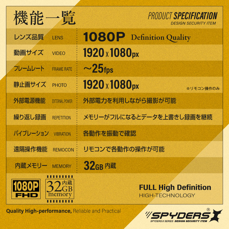 スパイダーズX 小型カメラ メガネ型カメラ 防犯カメラ 1080P リモコン操作 タッチセンサー バッテリー2本付属 32GB内蔵 スパイカメラ E-204