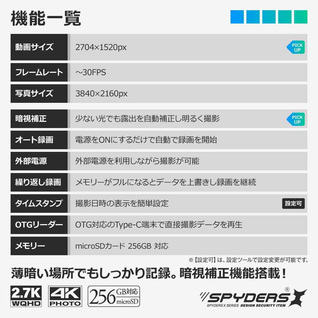 スパイダーズX スパイカメラ 小型カメラ 防犯カメラ 暗視補正 OTGリーダー ハンズフリー 256GB対応 2.7K メガネ型カメラ E-208